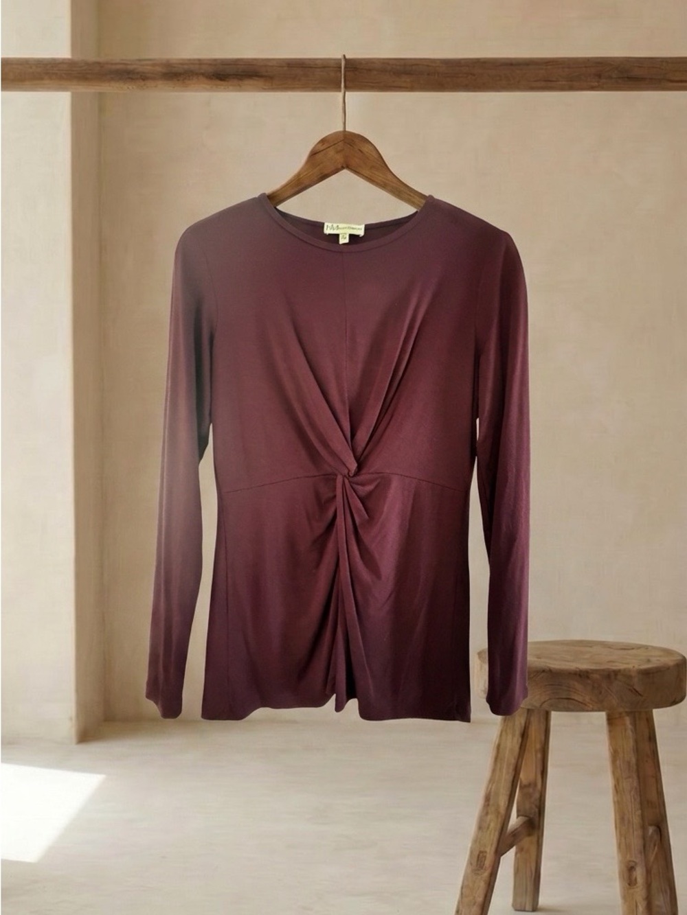 Neiman Marcus Twist-Front Long Sleeve Top - Burgundy